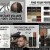 A comprehensive four-panel product slider for Finally Hair®. 1. Main Shot: Shows the 28g applicator bottle with 'Before and After' photos demonstrating instant 100% scalp coverage. 2. Color Variety: A detailed grid displaying the 23 natural shades, including specialized Salt & Pepper blends. 3. Pro-Health Formula: An illustration comparing Finally Hair’s vegan cotton fibers to a competitor's animal-derived wool, highlighting that it is silica-free and hydantoin-free. 4. Sustainable Choice: A demonstration of a user refilling a bottle using a Finally Hair Refill Bag, emphasizing 70% cost savings and reduced plastic waste.