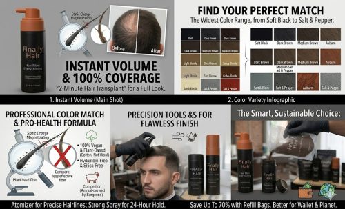 A comprehensive four-panel product slider for Finally Hair®. 1. Main Shot: Shows the 28g applicator bottle with 'Before and After' photos demonstrating instant 100% scalp coverage. 2. Color Variety: A detailed grid displaying the 23 natural shades, including specialized Salt & Pepper blends. 3. Pro-Health Formula: An illustration comparing Finally Hair’s vegan cotton fibers to a competitor's animal-derived wool, highlighting that it is silica-free and hydantoin-free. 4. Sustainable Choice: A demonstration of a user refilling a bottle using a Finally Hair Refill Bag, emphasizing 70% cost savings and reduced plastic waste.