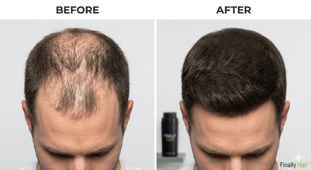 Side-by-side comparison of a man with a thinning crown before and after applying Finally Hair building fibers, showing a natural-looking, full head of hair.