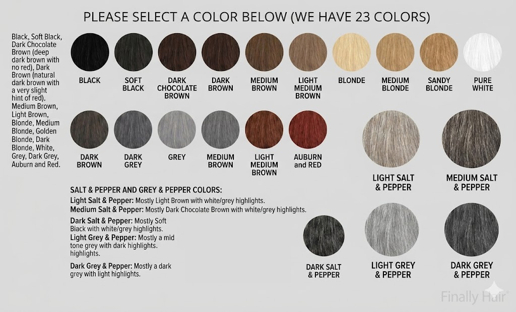 Complete color chart for Finally Hair building fibers featuring 25 shades including Pure White, Sandy Blonde, and specialized Salt & Pepper and Grey & Pepper blends for thinning hair.