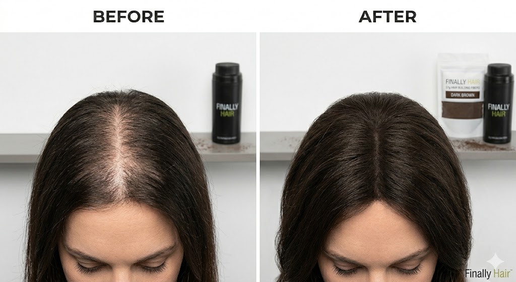 Side-by-side comparison of a woman with significant thinning along her hair part before and after applying Finally Hair building fibers, showing a natural-looking, full, and thickened appearance.