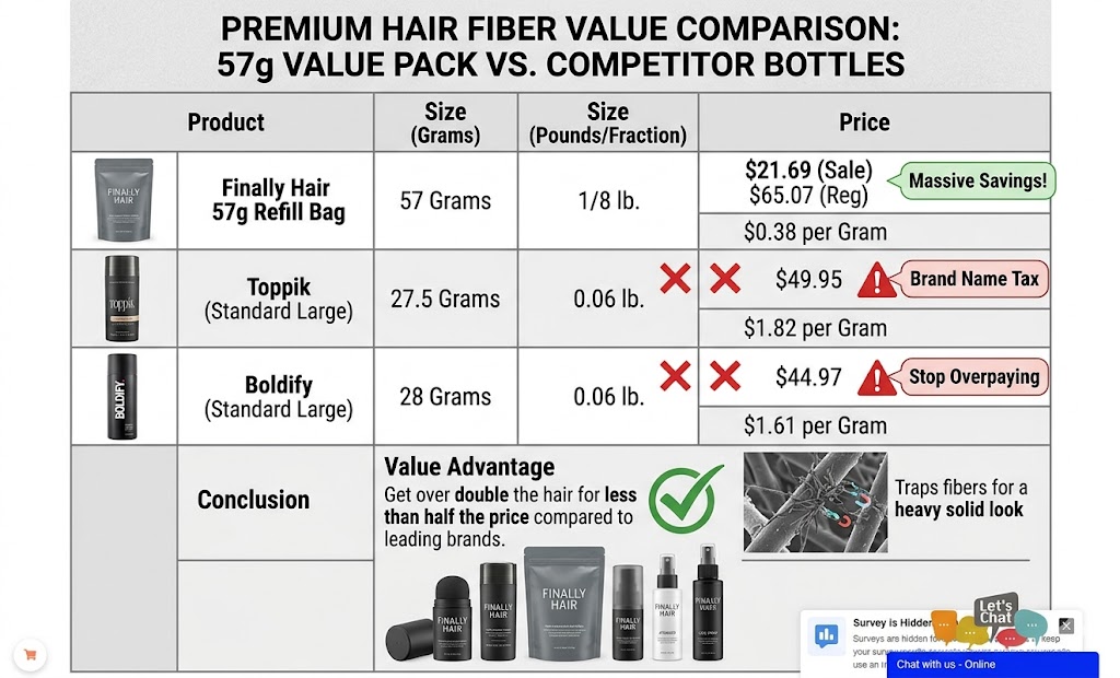 A comprehensive value comparison chart between the Finally Hair 57g Refill Bag and standard large bottles from Toppik and Boldify. The table highlights that the Finally Hair 57g Refill Bag offers 1/8 lb of fibers at a significantly lower price per gram ($0.38) compared to Toppik ($1.82/g) and Boldify ($1.61/g). The 'Conclusion' section notes that users get over double the hair for less than half the price. The graphic features a Finally Hair product lineup, a microscopic view of fibers trapping into hair for a thick look, and a green checkmark for the 'Value Advantage' of Finally Hair.