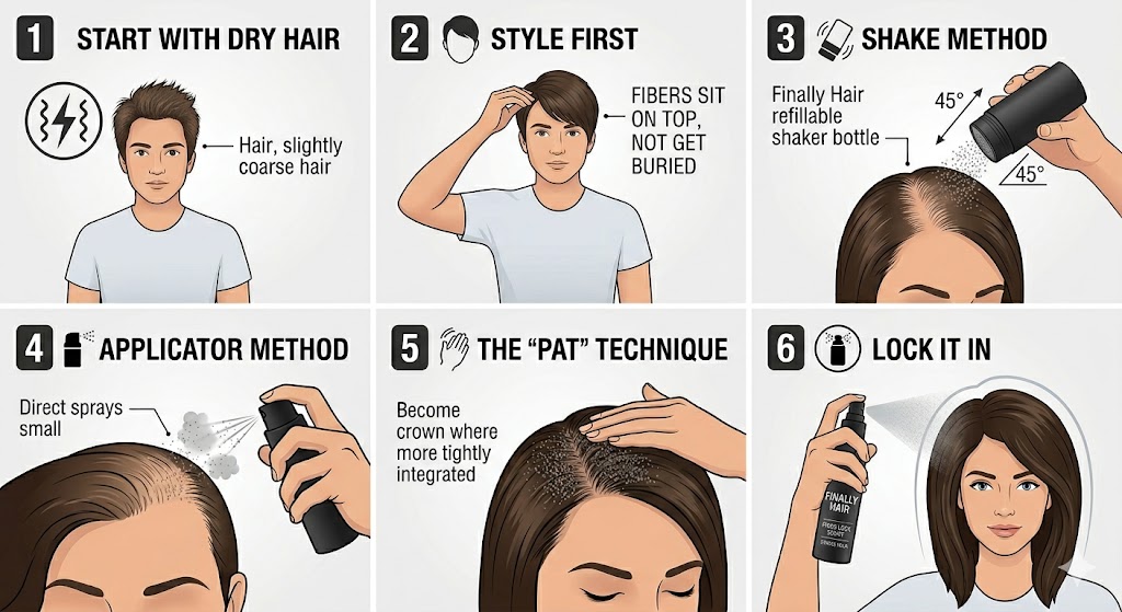 This composite diagram provides a clear, illustrative, six-panel guide on how to use hair building fibers. Here is how it breaks down the process: START WITH DRY HAIR: Uses static electricity icons to emphasize the need for a dry surface for bonding. STYLE FIRST: Text explicitly warns to style before application so "fibers sit on top, not get buried." SHAKE METHOD: Features an illustration of a generic black refillable shaker bottle dispensing fibers. (Note: A branded Toppik bottle was avoided to align with the refill/value theme). APPLICATOR METHOD: Shows a precision pump targeting the hairline for "pinpoint precision." THE 'PAT' TECHNIQUE: Explains how gentle patting helps the fibers settle and become "more tightly integrated." LOCK IT IN: Concludes with a figure using Finally Hair Fiber Lock Spray (correctly labeled) to create the final protective barrier.