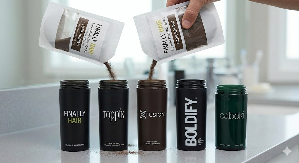 Multiple shaker bottles from Finally Hair, Toppik, Xfusion, Boldify, and Caboki being refilled using a Finally Hair 57g hair fiber refill bag on a bathroom counter.