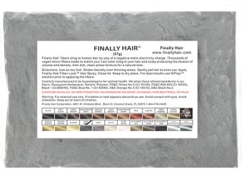 Package of Finally Hair Medium Blonde hair building fibers with instructions and product details.
