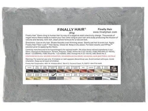 Package of Finally Hair Medium Blonde hair building fibers with instructions and product details.