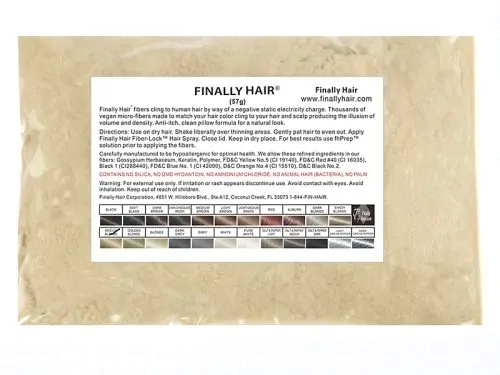Package of Finally Hair Medium Blonde hair building fibers with instructions and product details.