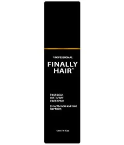 Hair Fiber Spray - Fiber Lock - The Perfect Fiber Hair Spray - Holding Spray For Hair Building Fibers 9 Black bottle of Finally Hair Fiber Lock Mist Spray with a professional label and 120ml capacity.