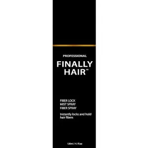 Black bottle of Finally Hair Fiber Lock Mist Spray with a professional label and 120ml capacity.