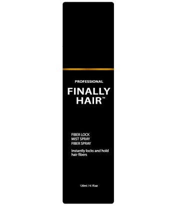 Black bottle of Finally Hair Fiber Lock Mist Spray with a professional label and 120ml capacity.