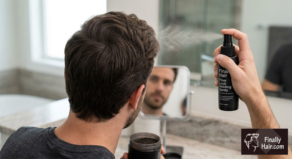 Rear view of a man applying Finally Hair Fiber Lock Holding Spray to his crown after using hair building fibers to achieve full, natural-looking scalp coverage without bald spots.