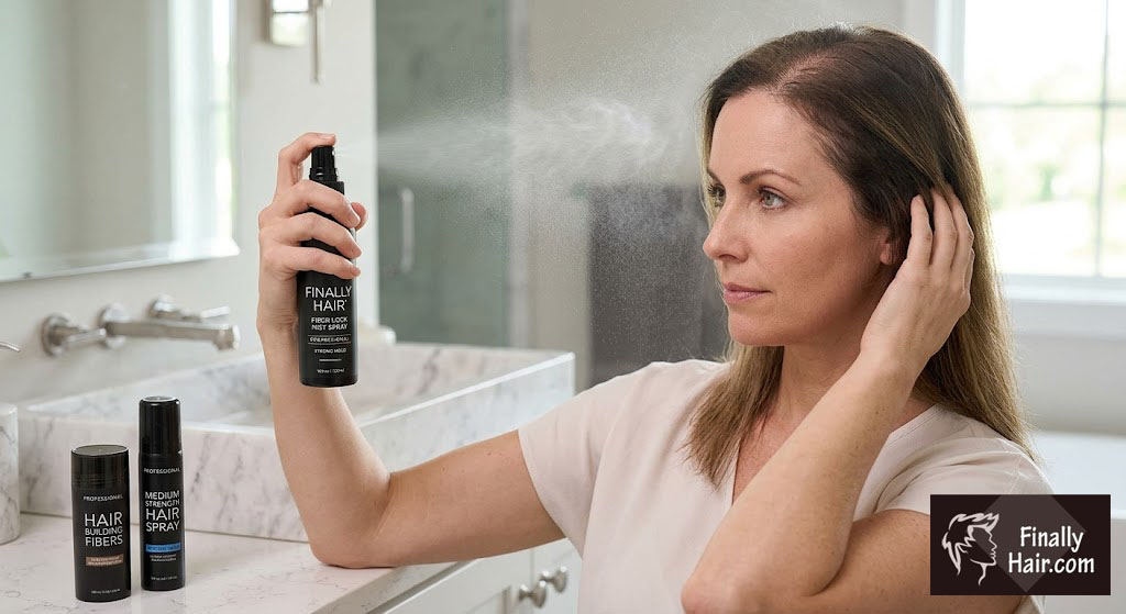 Side view of a woman with thinning blonde hair applying a fine mist of Finally Hair Strong Hold Fiber Lock Spray to seamlessly blend hair fibers and create a natural-looking hold.