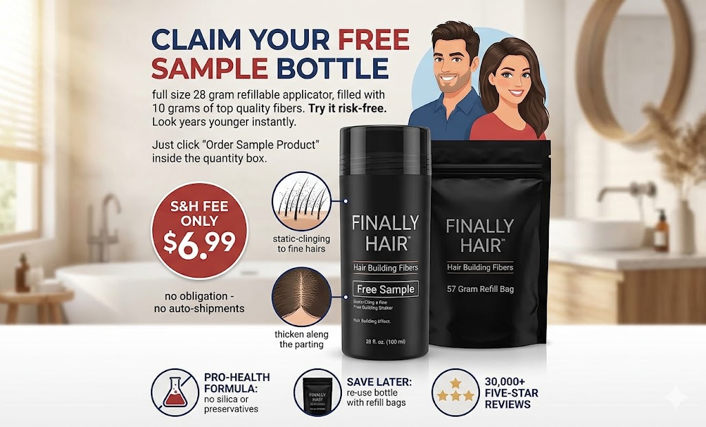 Finally Hair free hair fiber sample bottle offer with 10g pro-health hair loss concealer trial for 6.99 shipping