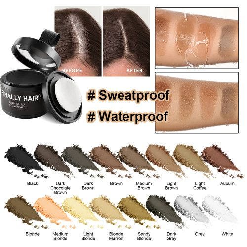 Container of Finally Hair retouch hair color with applicator brush and packaging.