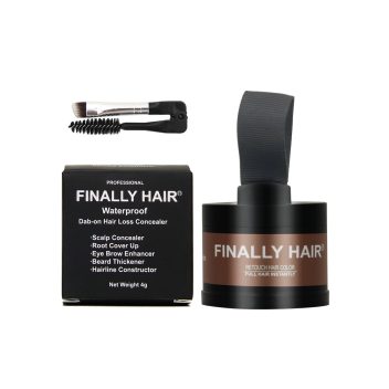 Container of Finally Hair waterproof dab-on hair loss concealer with a brush and packaging.
