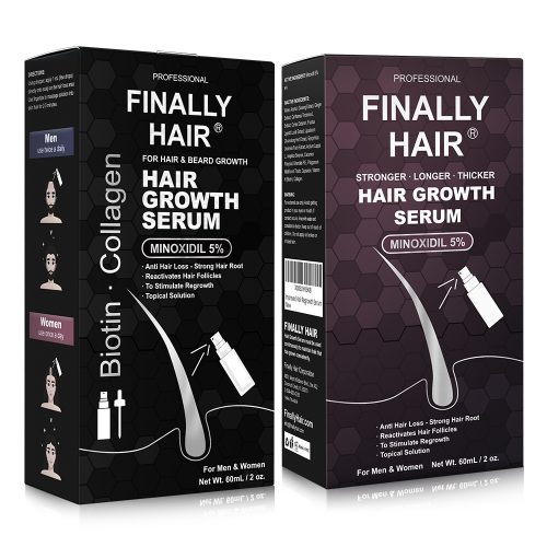 Bottle of hair growth serum labeled with Minoxidil 5% and Biotin Collagen ingredients.