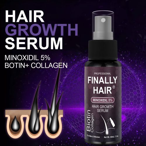 Bottle of hair growth serum labeled with Minoxidil 5% and Biotin Collagen ingredients.