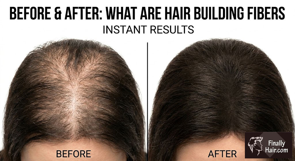 High-quality vegan fibers in hair before and after cosmetic concealment results.