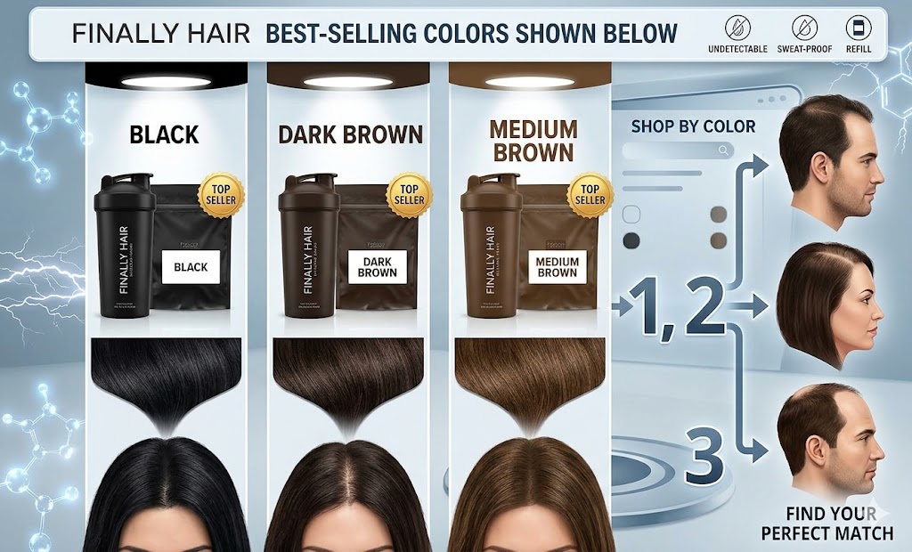 An instructional infographic titled 'Finally Hair Best-Selling Colors Shown Below.' It presents three vertical comparison columns: 'Black,' 'Dark Brown,' and 'Medium Brown,' all labeled as 'Top Sellers.' Each column displays corresponding shaker bottles, refill bags, and a realistic hair swatch blending the fibers. Below the columns, a 'Shop by Color' interface guides a user to 'Find Your Perfect Match,' illustrating 3 steps to conceal thinning hair for both men and women. Small icons and molecular graphics emphasize the non-detectable, sweat-proof, and refillable properties of the fibers.
