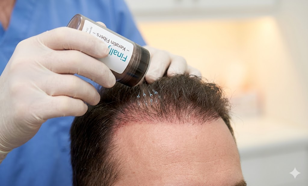 Close-up of a medical professional applying Finally Hair keratin fibers to a patient's thinning crown and post-transplant scalp to provide instant density and conceal redness