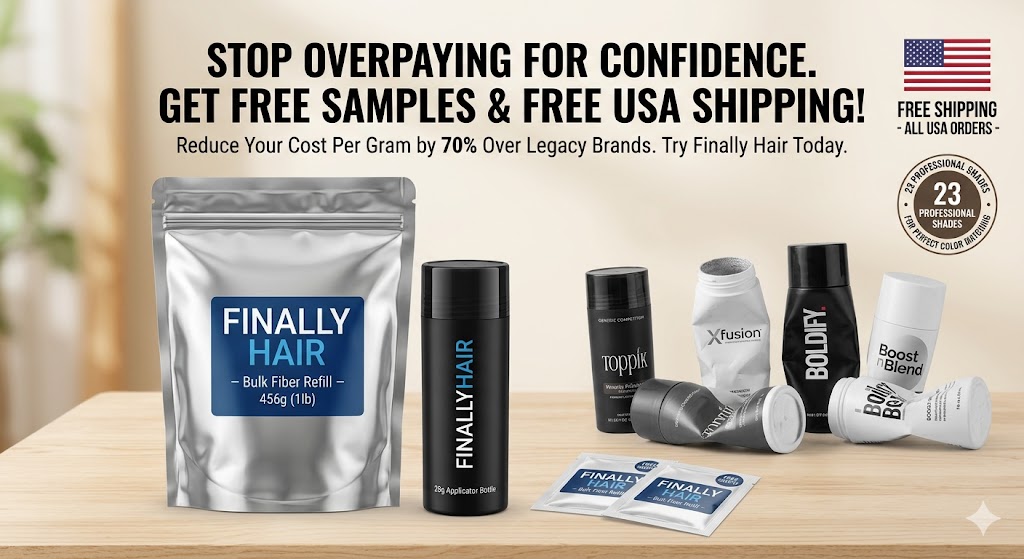 A professional comparison of Finally Hair's 1lb (456g) bulk fiber refill bag and applicator bottle alongside several empty, crushed competitor bottles like Toppik, Xfusion, Boldify, and Boost n Blend. The image features text highlighting "Free Samples," "Free USA Shipping," and the "23 Professional Shades" available, emphasizing a 70% cost reduction.