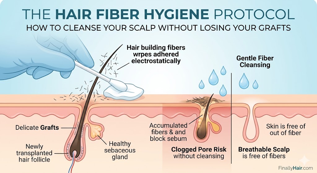 Cross-section diagram of a hair follicle showing hair fibers adhered to a graft and the process of cleansing with Moroccan Argan shampoo to prevent clogged pores.