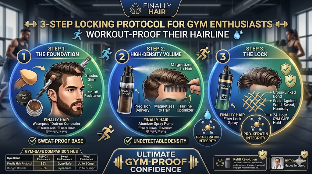An instructional infographic titled '3-Step Locking Protocol for Gym Enthusiasts.' It features three numbered steps: 1. The Foundation, showing the application of Finally Hair Waterproof Dab-on Concealer; 2. High-Density Volume, showing the use of an Atomizer Spray Pump and Hairline Optimizer with Finally Hair fibers; and 3. The Lock, showing Finally Hair Fiber Lock Spray creating a cross-linked bond. Below the steps is a comparison hub highlighting 95% rub-off resistance and gym-safe performance.