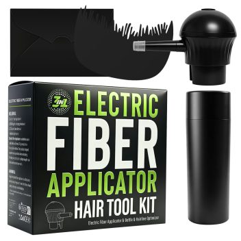 shows the box, the sprayer, the bottle, the hairline optimizer that comes with the hair fiber rechargeable electric sprayer