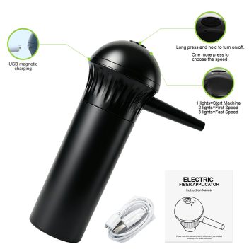 shows how you turn on the electric hair fiber sprayer rechargeable