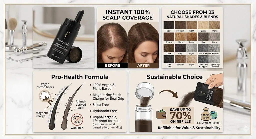 A detailed five-panel product infographic for Finally Hair® Building Fibers. The panels include a main product shot of the 28g bottle, a before-and-after demonstration of instant scalp coverage, a chart of 23 available shades, a technical breakdown of the vegan and silica-free formula, and a guide to the cost-saving refillable bottle system.