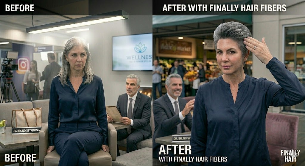 A split-panel before and after comparison of a woman with complex salt and pepper grey hair in an upscale wellness salon. The 'Before' panel on the left shows her hair transparent at the crown, severely magnifying her thinning. The 'After' panel on the right demonstrates her hairstyle perfectly full and dense with Finally Hair building fibers' specialized salt and pepper blend, which matches her natural texture and color seamlessly, providing confident, opaque coverage. Dr. Bruno Szyferman observes the results.