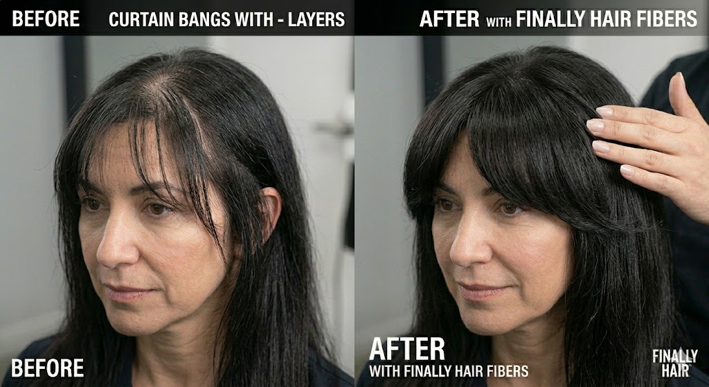 Before and after transformation of a women's Curtain Bangs with Face-Framing Layers hairstyle, showing how Finally Hair building fibers fill in gaps and add instant root volume to create a lush, dense, and perfectly high-definition look.