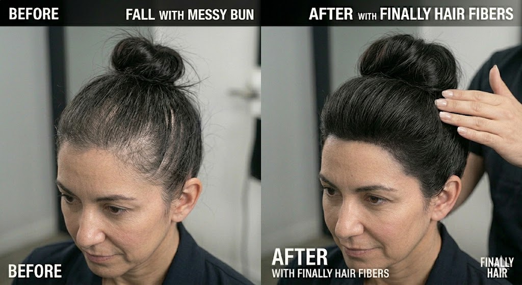 Before and after transformation of a women's Messy Bun with "Effortless" Volume hairstyle, demonstrating how Finally Hair building fibers fill in a thinning crown and hide "tracks" to create a lush, dense, and perfectly high-definition look that is full and natural.