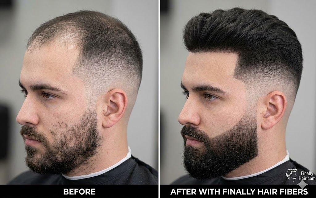 Before and after comparison of a men's Fade hairstyle and beard combo, showing how Finally Hair building fibers fill in a thinning crown and patchy facial hair to create a high-definition, dense, and perfectly groomed look with a sharp, natural-looking hairline and beard shape.