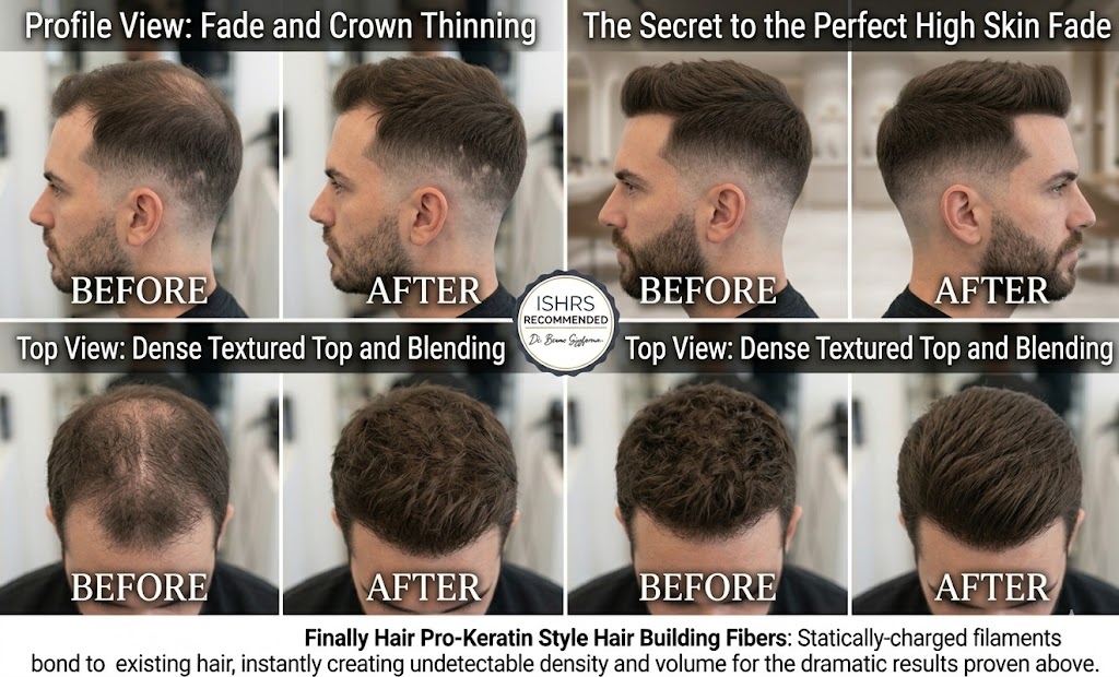 Image Name finally-hair-high-skin-fade-textured-top-transformation.jpg Alt Text A comprehensive four-panel before-and-after comparison grid titled: "The Secret to the Perfect High Skin Fade." The graphic demonstrates how Finally Hair Pro-Keratin Style building fibers enhance a high-contrast modern haircut. Top Row (Profile View): Shows a man with a high skin fade. The "Before" image reveals a visible thinning patch on the crown and a "light" transition line. The "After" image shows a flawless, dense blend where the fade meets the textured top, with the crown area completely filled. Bottom Row (Top View): Focuses on a dense textured top. The "Before" image shows diffuse thinning across the mid-scalp and vertex. The "After" image displays a thick, voluminous head of hair with undetectable density and no visible scalp, illustrating the "Style First, Apply Last" technique. The central ISHRS Recommended Seal features Dr. Bruno Szyferman's endorsement. A bottom caption reads: "Finally Hair Pro-Keratin Style Hair Building Fibers: Statically-charged filaments bond to existing hair, instantly creating undetectable density and volume for the dramatic results proven above."