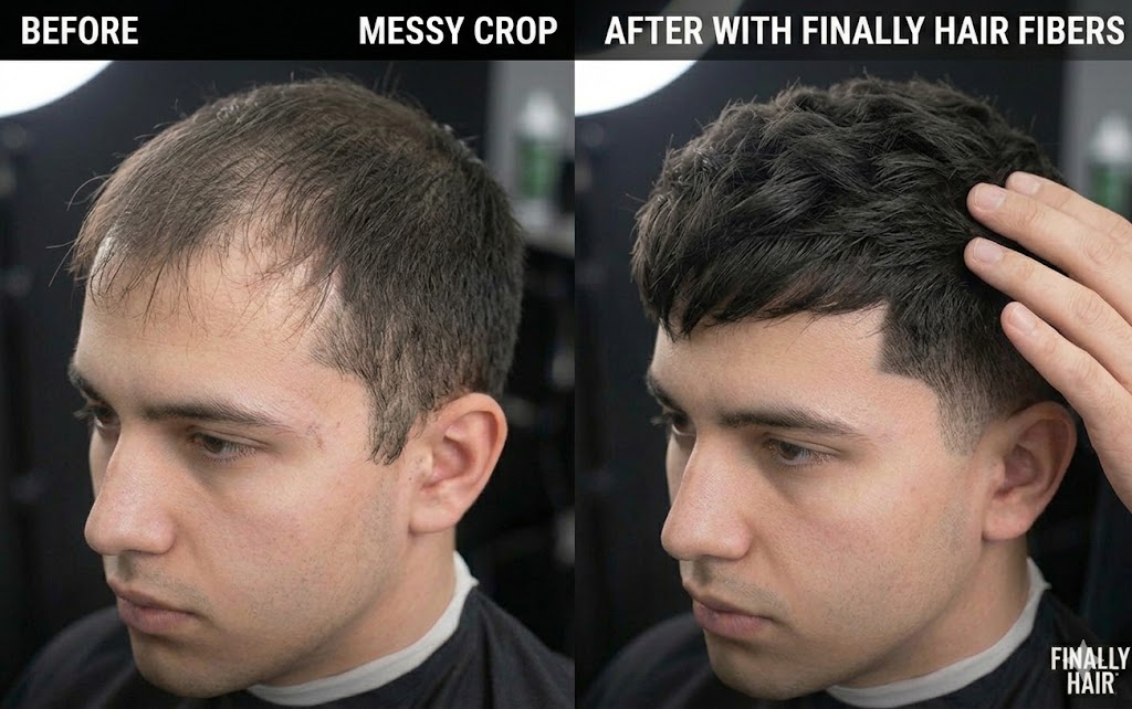 Before and after transformation of a men's Messy Crop (French Crop) hairstyle, showing how Finally Hair building fibers remove scalp show-through and add high-definition volume and density to create a perfectly full, textured finish.