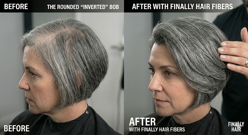 Before and after transformation of a women's Rounded "Inverted" Bob hairstyle, illustrating how Finally Hair building fibers provide precise 3D volume at the crown to hide scalp show-through and create a perfect, high-definition curved stack that matches natural grey hair.