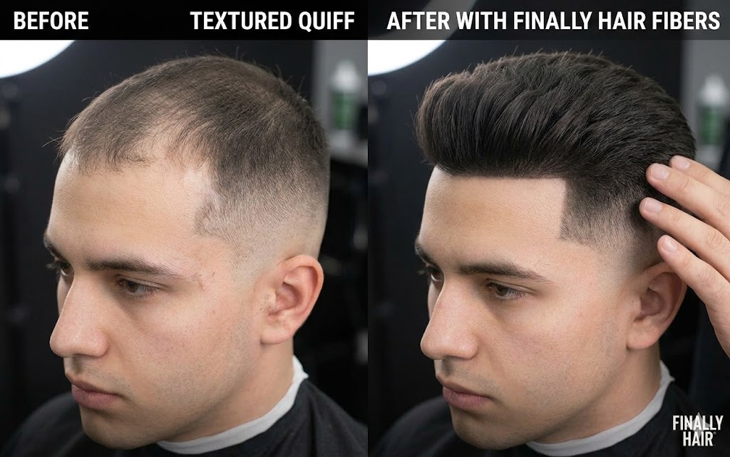 Side-by-side transformation of a men's Textured Quiff hairstyle; the "after" image demonstrates how Finally Hair fibers add significant volume and thickness to fine hair, eliminating scalp show-through for a full, textured look.