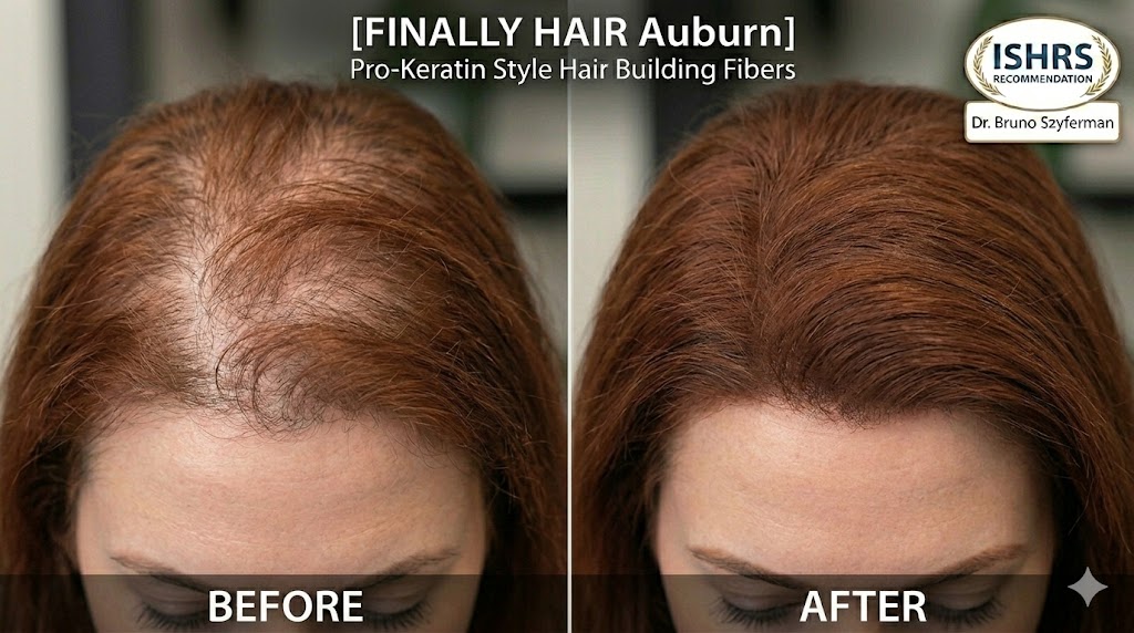 The image is a high-resolution, photorealistic close-up photograph featuring a split-screen before-and-after comparison of a woman's thinning crown and frontal hairline. The man's thinning crown and frontal hairline shown in image_32.png has similar texture to the thinning hair shown in image_34.png, but with a distinct auburn hair color (rich reddish-brown). The split-screen before-and-after comparison has the left panel clearly labeled 'BEFORE' and the right panel labeled 'AFTER'. The left panel labeled 'BEFORE' shows noticeable diffuse thinning in the auburn hair, revealing the scalp. The right panel labeled 'AFTER' shows the same area after application of 'FINALLY HAIR Auburn' pro-keratin style hair building fibers, successfully filling the thinning areas and creating a natural-looking, dense appearance that blends seamlessly with the natural auburn hair color. Text on the image identifies the product as 'FINALLY HAIR Auburn Pro-Keratin Style Hair Building Fibers', and marks the two stages with 'BEFORE' and 'AFTER' labels. An 'ISHRS Recommendation' badge featuring Dr. Bruno Szyferman's signature is included in the top-right corner, similar in style and placement to the badge in image_32.png. The background is a slightly blurred professional setting, similar to image_32.png.