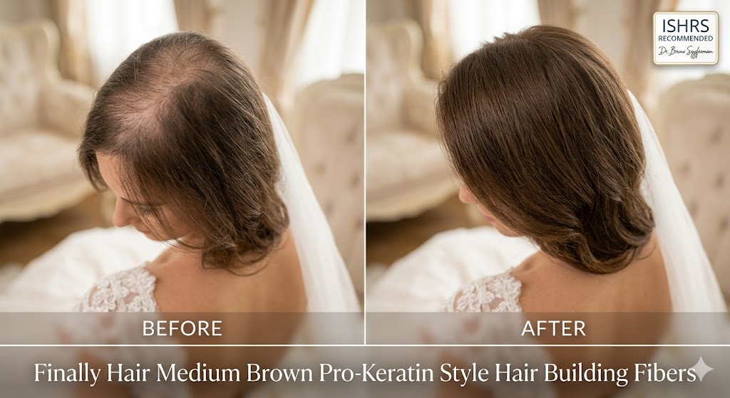 A professional split-screen before and after comparison of a bride on her wedding day using Finally Hair Medium Brown pro-keratin hair building fibers. The 'Before' image shows noticeable thinning on the crown and part line against a bridal background. The 'After' image reveals a full, dense, and natural-looking hairstyle that seamlessly blends with her brunette hair, providing undetectable coverage for wedding photography. The graphic features the ISHRS recommendation seal and endorsement by hair surgeon Dr. Bruno Szyferman.
