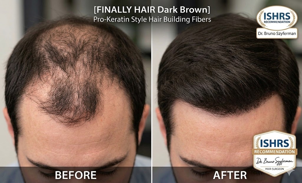 A professional before and after comparison of Finally Hair Dark Brown pro-keratin hair building fibers. The 'Before' image shows a man with significant diffuse thinning on the crown and frontal hairline on deep dark brown hair. The 'After' image shows the same man with a full, natural-looking head of hair after applying Dark Brown fibers, showing seamless blending and increased density. The graphic includes the ISHRS recommendation seal and endorsement by acclaimed hair surgeon Dr. Bruno Szyferman.