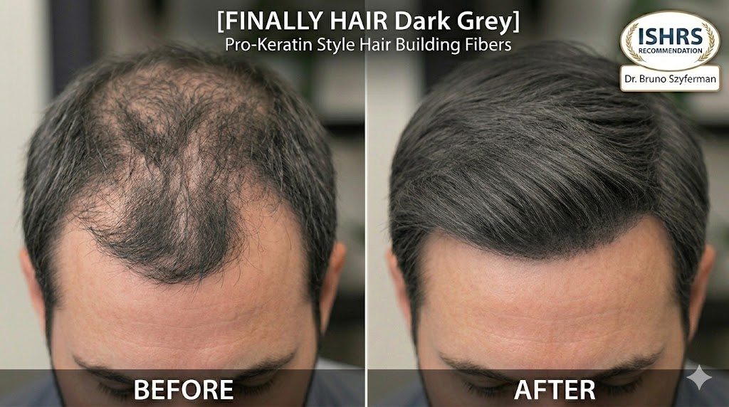 A before-and-after comparison in a split-screen format, showing a human scalp with dark grey hair to illustrate the effects of hair building fibers. The 'BEFORE' image on the left side reveals diffuse thinning, while the 'AFTER' image on the right displays a full head of hair with improved volume and density, achieving a natural look with the fibers. Text on the image identifies the product as 'FINALLY HAIR Dark Grey Pro-Keratin Style Hair Building Fibers', and marks the two stages with 'BEFORE' and 'AFTER' labels. An 'ISHRS Recommendation' badge featuring Dr. Bruno Szyferman's signature is included.