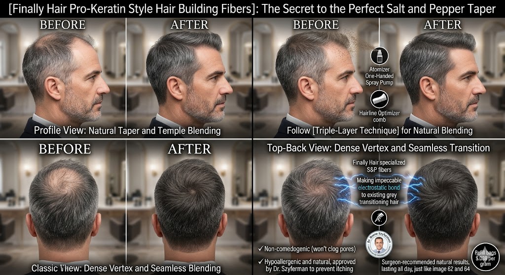 A professional four-panel before-and-after comparison grid titled: "The Secret to the Perfect Salt and Pepper Taper." The graphic illustrates how Finally Hair Pro-Keratin Style building fibers provide a seamless color match for grey-transitioning hair. Top Row (Profile View - Natural Taper and Temple Blending): The "Before" image shows a distinguished man with salt-and-pepper hair, featuring a receding temple and thinning at the vertex. The "After" image shows a reinforced hairline and dense profile. Icons recommend the Triple-Layer Technique using the Atomizer One-Handed Spray Pump and Hairline Optimizer comb. Bottom Row (Top-Back View - Dense Vertex and Seamless Transition): The "Before" image reveals significant thinning at the crown (vertex). The "After" image shows a perfectly filled swirl using Finally Hair specialized Salt & Pepper fibers. Blue lightning icons illustrate the impeccable electrostatic bond to existing grey-transitioning hair. The central ISHRS Recommended Seal features Dr. Bruno Szyferman's endorsement. Text confirms the formula is non-comedogenic (won't clog pores) and hypoallergenic.