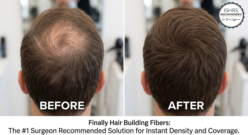 A high-resolution before-and-after comparison of a man with significant crown thinning. The 'Before' image shows a clear thinning pattern on the vertex of the scalp. The 'After' image demonstrates full, natural-looking density achieved with Finally Hair building fibers, showing an undetectable blend with his natural brown hair. The graphic includes the official ISHRS Recommendation seal and an endorsement by acclaimed hair surgeon Dr. Bruno Szyferman, titled 'The #1 Surgeon Recommended Solution for Instant Density and Coverage.