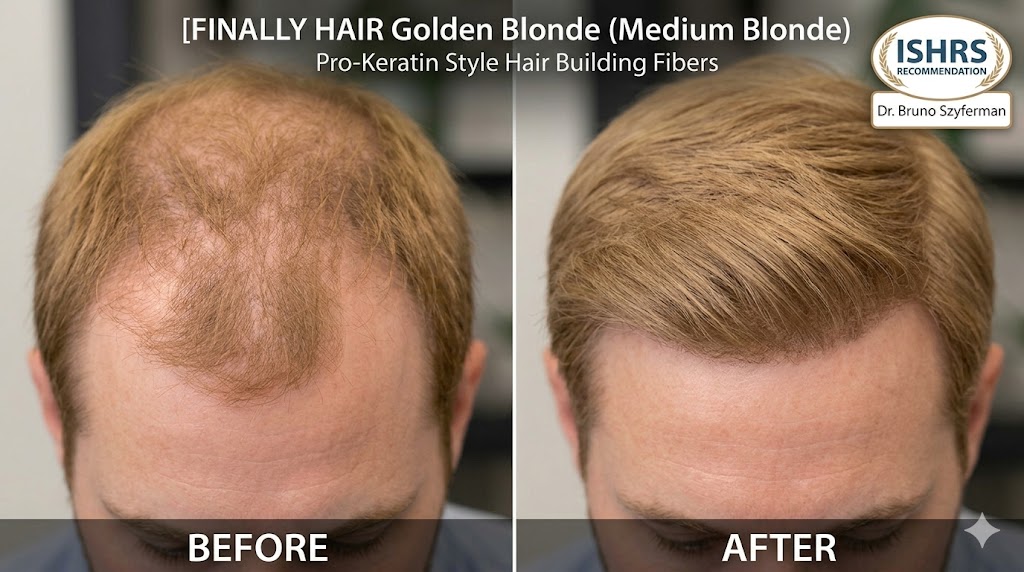 A professional before and after comparison of Finally Hair Golden Blonde (Medium Blonde) pro-keratin hair building fibers. The 'Before' image shows a man with significant diffuse thinning on the crown and frontal hairline with a golden blonde base. The 'After' image shows the same man with a full, dense, and natural-looking appearance. The Golden Blonde fibers provide an undetectable finish that avoids the artificial 'yellow' look of standard blonde fibers. The graphic includes the ISHRS recommendation seal and endorsement by acclaimed hair surgeon Dr. Bruno Szyferman.