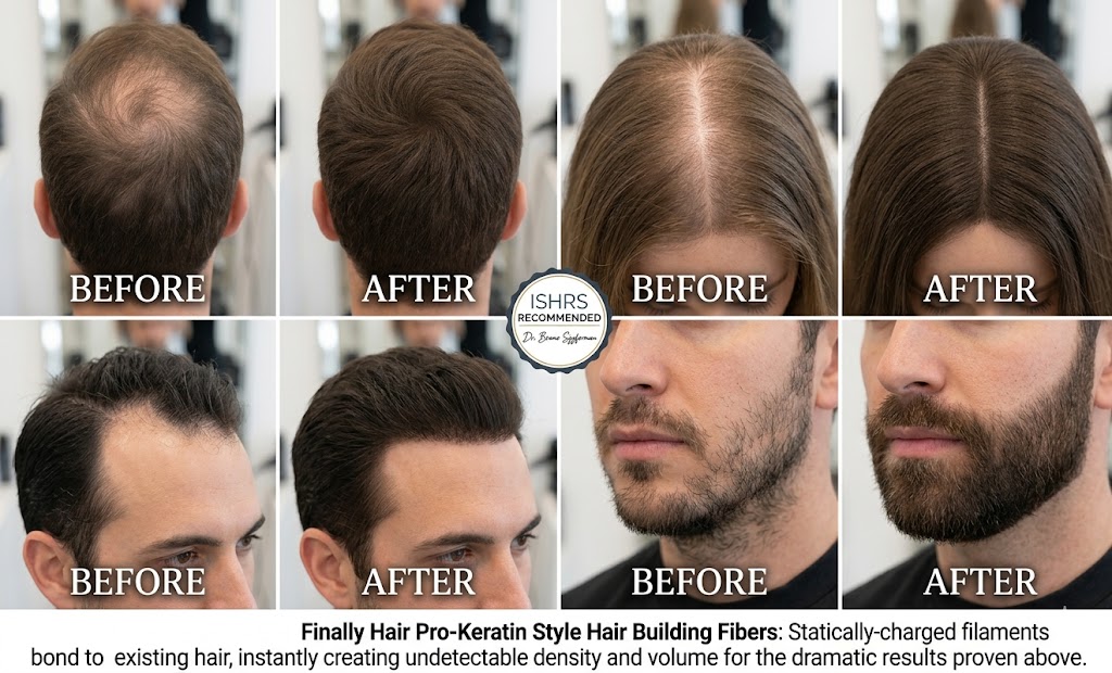 A professional four-panel before and after comparison grid showcasing the effectiveness of Finally Hair pro-keratin style hair building fibers across different thinning scenarios.Top Left (Crown Thinning): A man's crown with a distinct circular thinning pattern is transformed into a dense, natural-looking vertex. Top Right (Widening Part): A woman's wide, visible part line is seamlessly filled, creating the appearance of thick, voluminous hair. Bottom Left (Receding Hairline): Sparse temples and a receding front hairline on a man are reinforced with sharp yet natural-looking density. Bottom Right (Patchy Beard): A sparse, patchy beard is transformed into a full, well-groomed beard using the fibers as a filler. The central seal features the Official ISHRS Recommendation and endorsement by hair surgeon Dr. Bruno Szyferman. The bottom caption reads: 'Finally Hair Pro-Keratin Style Hair Building Fibers: Statically-charged filaments bond to existing hair, instantly creating undetectable density and volume for the dramatic results proven above.
