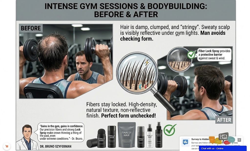 A professional graphic comparing a man's hair and performance during an intense gym session before and after using Finally Hair® fibers. The 'Before' panel shows the rear view of a sweaty man lifting weights, with his thinning hair visibly clumping and looking stringy, making his scalp reflect light; text notes he avoids checking form. The 'After' panel shows the same man with matching dense Dark Brown Finally Hair® fibers, creating a full-looking crown that resists clumping and stays locked in place through a heavy set. A central magnifying glass highlights the electrostatic charge micro-illustration, while a second inset shows a micro-mist barrier of Fiber Lock Spray protecting the fibers from sweat. The graphic includes a recommendation from Dr. Bruno Szyferman about gains in confidence, and the standard Finally Hair® product lineup, featuring the Fiber Lock Spray and Atomizer Spray Pump.