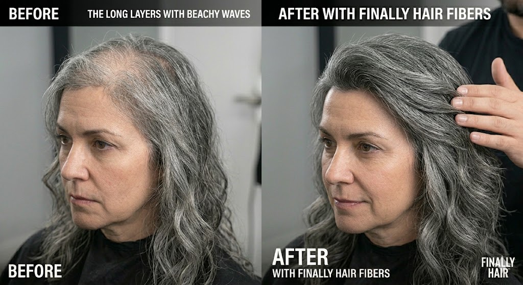 Before and after transformation of a woman’s Long Layers with Beachy Waves hairstyle, showing how Finally Hair building fibers fill in crown thinning and eliminate visible scalp separation to create a high-definition, lush, and voluminous look that blends with natural silver hair.