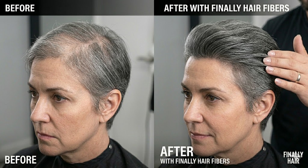 Before and after transformation of a woman’s Salt and Pepper Modern Comb-Over, illustrating how Finally Hair building fibers fill in a thinning part and crown to create a high-definition, dense, and youthful look that matches natural grey and silver hair.