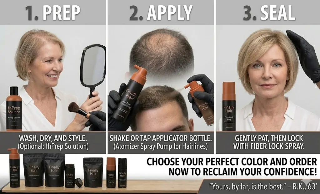A three-step instructional collage for applying Finally Hair fibers, featuring a woman with thinning blonde hair. Step 1 (Prep): A barber uses a brush to apply fhPrep Solution for a clean foundation. Step 2 (Apply): A close-up shows the Atomizer Spray Pump being used to precisely apply fibers to the hairline and crown for 'Surgical Front Line Definition.' Step 3 (Seal): The woman smiles, showing a full, natural-looking hairstyle after locking the fibers with Fiber Lock Spray. A testimonial at the bottom from a 63-year-old user reads, 'Yours, by far, is the best.' The image concludes with a call to action: 'Choose your perfect color and order now to reclaim your confidence!